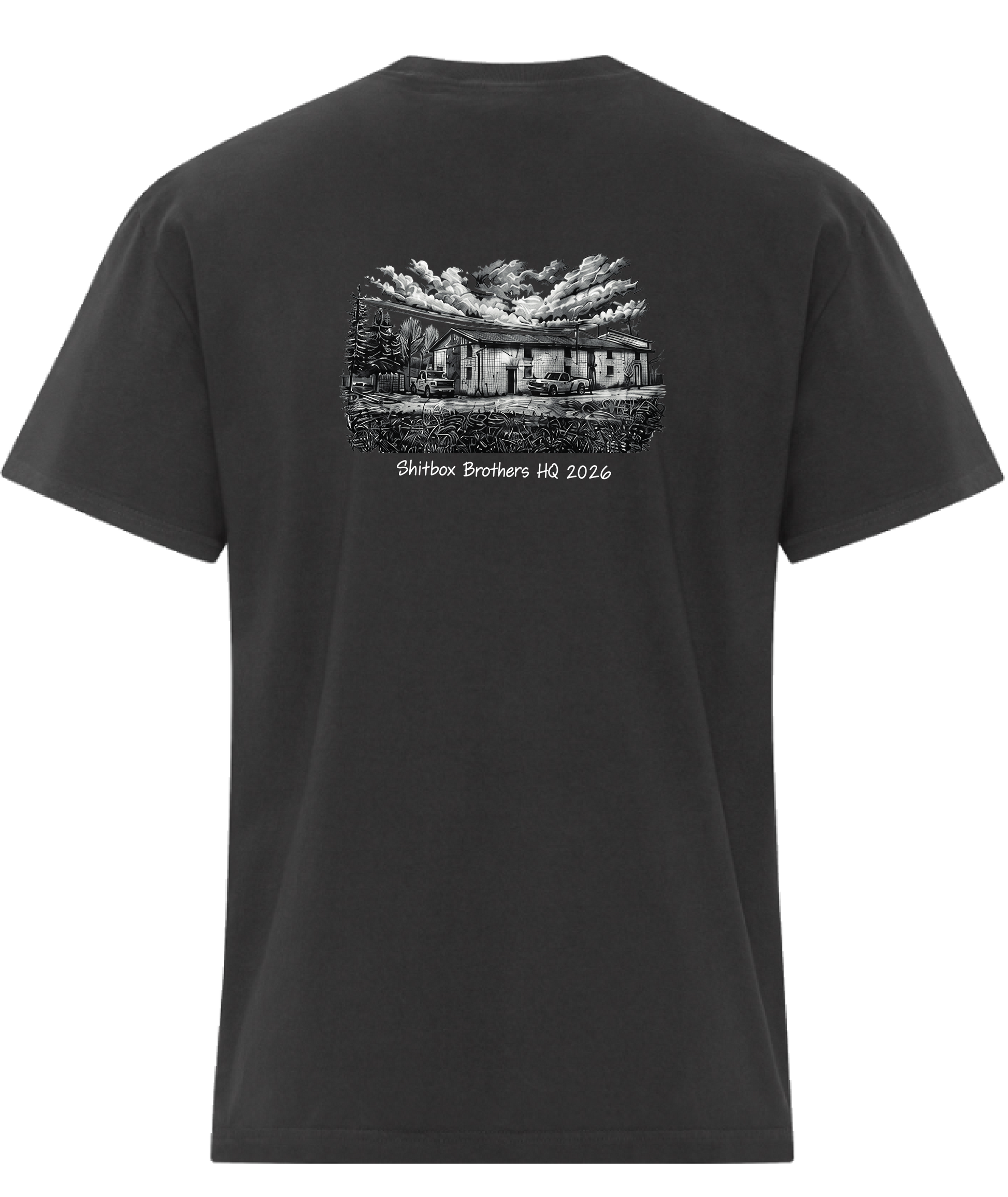 Shitbox Brothers Shop Tee - Charcoal (back, transparent bg)