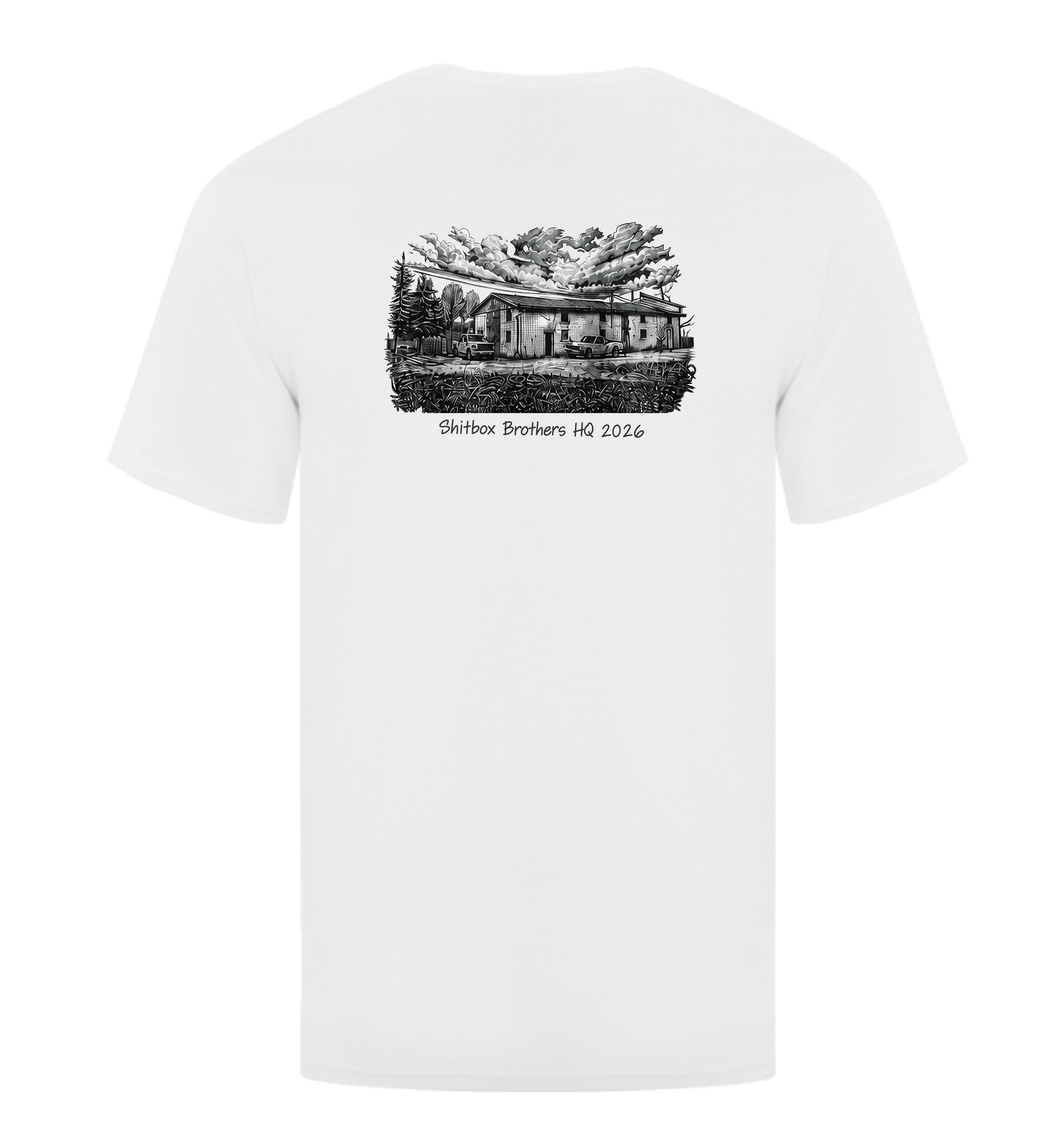 Shitbox Brothers Shop Tee - White (back, transparent bg)