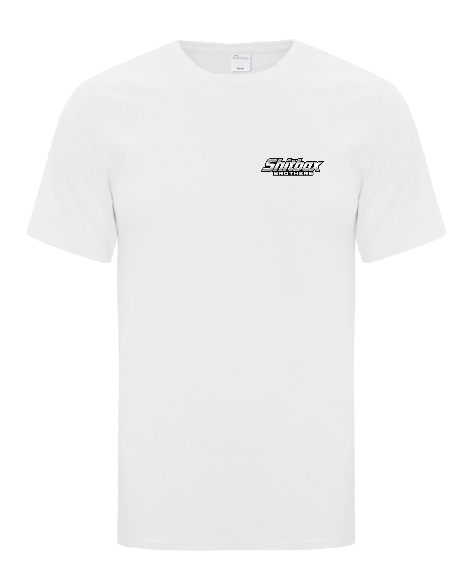 Shitbox Brothers Shop Tee - White (front, transparent bg)